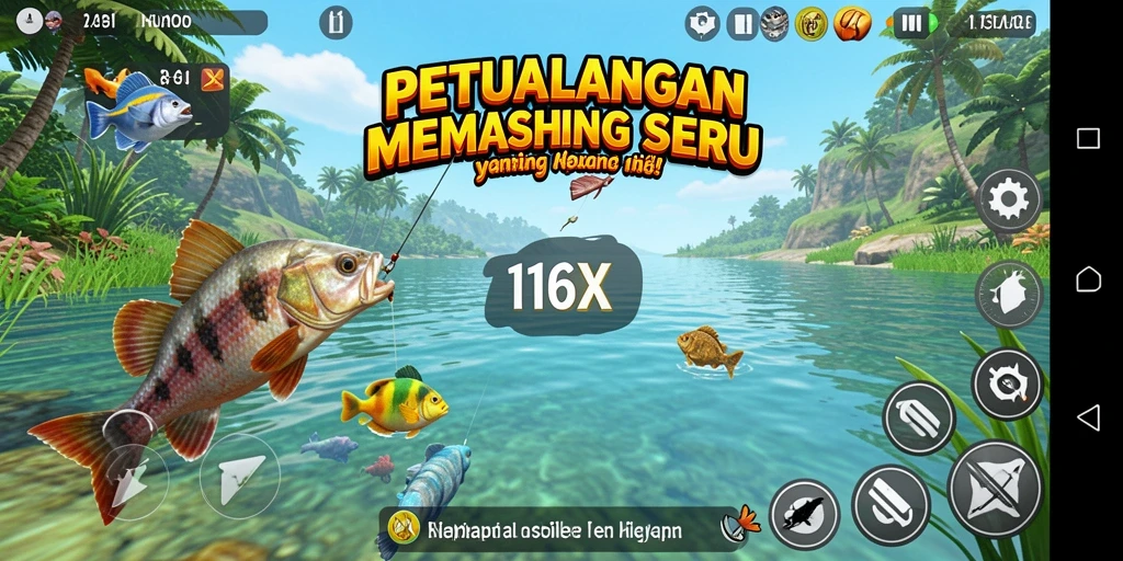 Screenshot 116X menampilkan momen seru memancing di danau yang indah.