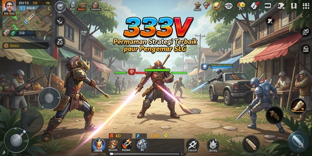 Screenshot utama gameplay SLG yang menampilkan aksesi strategi dan pertempuran.