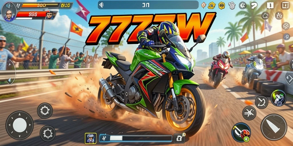 Gameplay menegangkan dari 7777W saat balapan motor.