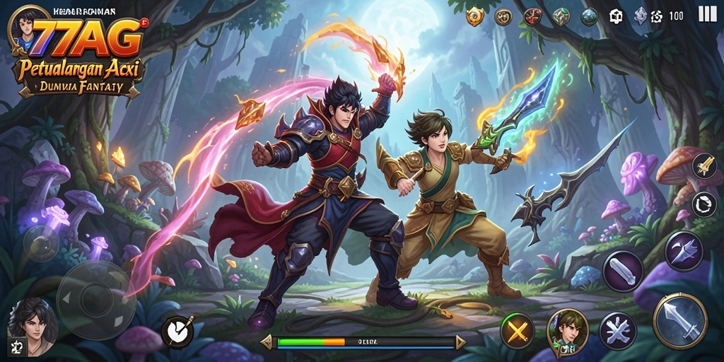 Screenshot gameplay 77AG yang menunjukkan pertempuran intens di dunia fantasi.