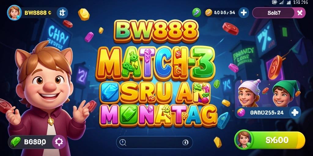Screenshot gameplay BW888 menampilkan kombinasi warna cerah dalam tantangan Match-3.