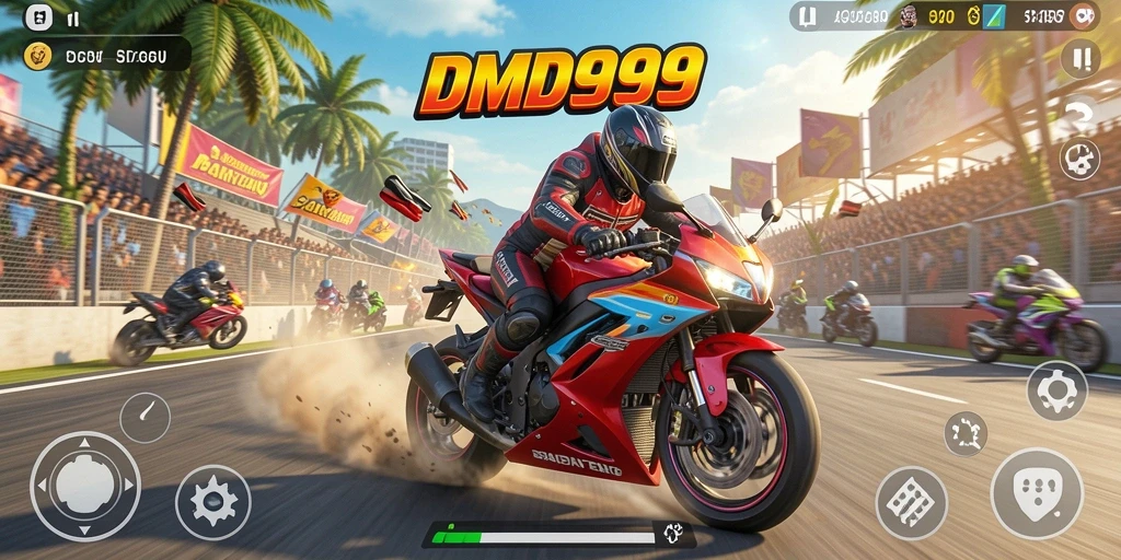 Screenshot DMD999 menampilkan aksi balap motor yang mendebarkan.