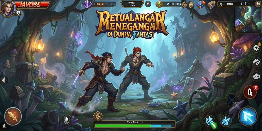 Screenshot menampilkan aksi seru dalam gameplay JAVO88 dengan berbagai karakter yang berpetualang.