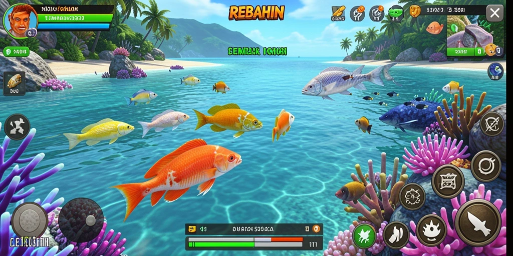 Tampilan gameplay REBAHIN yang menampilkan momen menembak ikan.