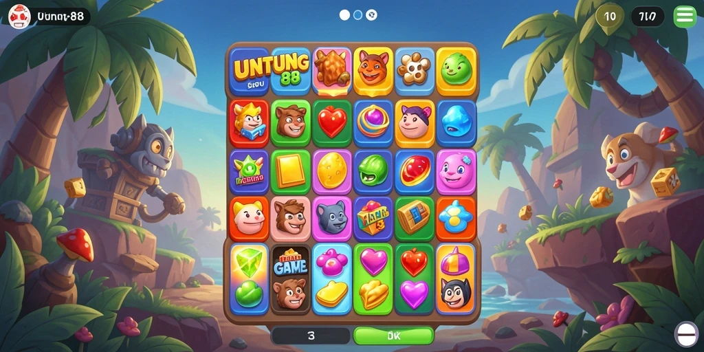 Menampilkan gameplay seru UNTUNG88 dengan elemen match-3 yang berwarna-warni.