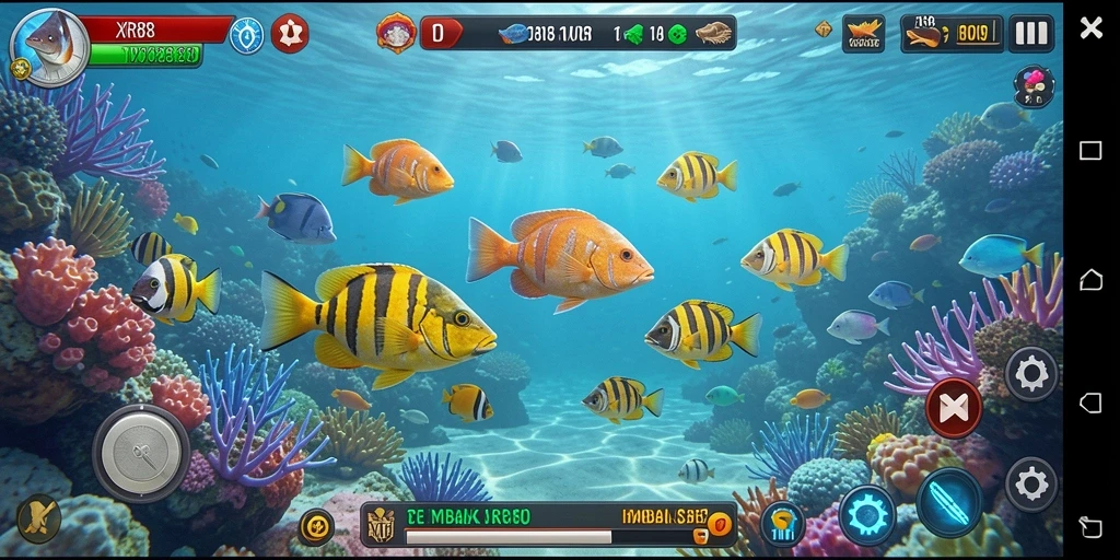 Tampilan gameplay seru dari XR88 dengan ikan beragam dan visual menarik.